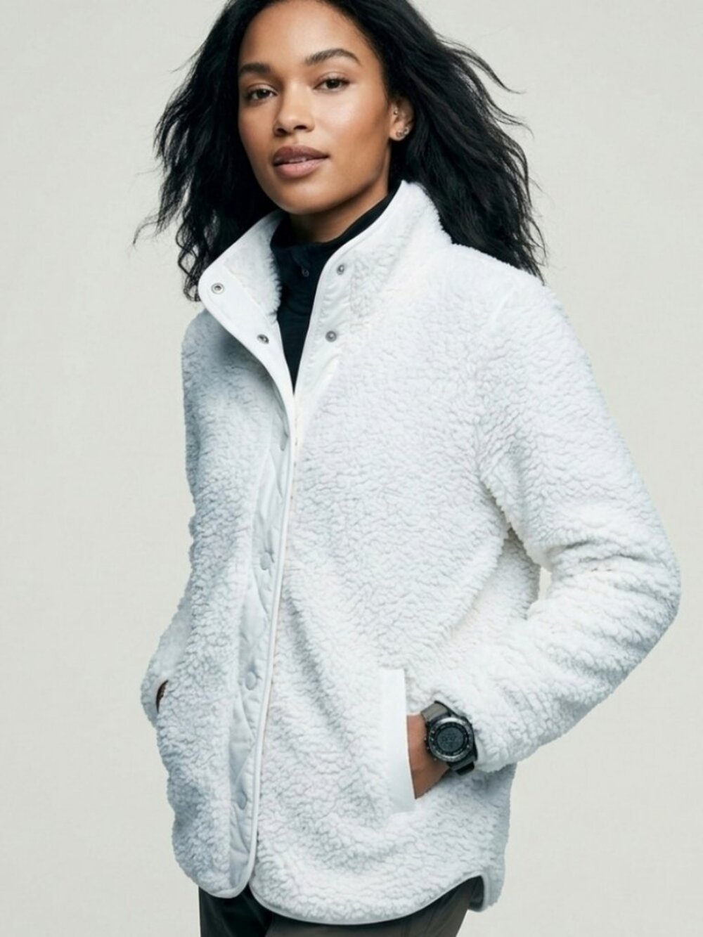Ultra Soft White Sherpa Fleece Jacket | Snap Button & Pockets